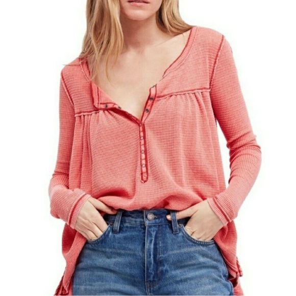 Free People Tops - Free People We The Free Kai Henley Knit Top Peach Red Pink